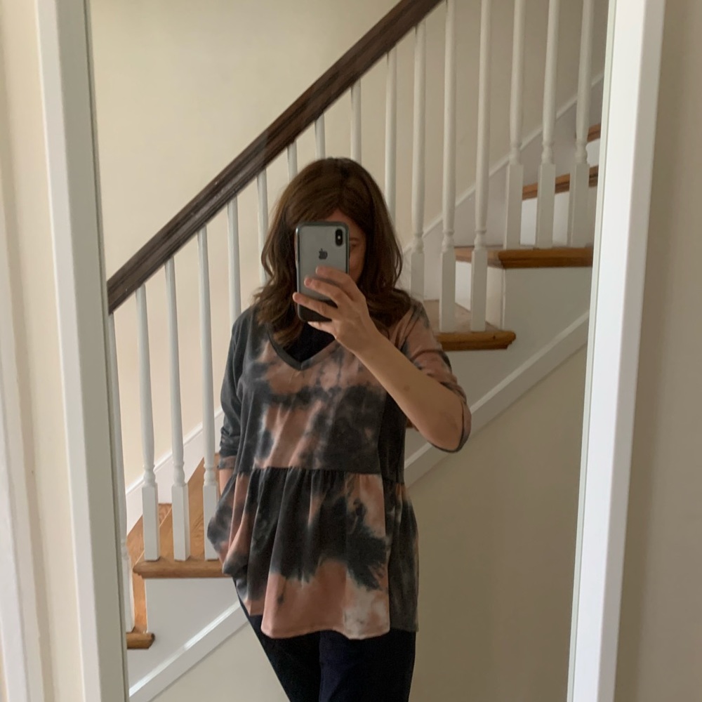 Kim & Cami Tie Dye Gray and Pink Tunic Top 3/4 Sleeves Size L